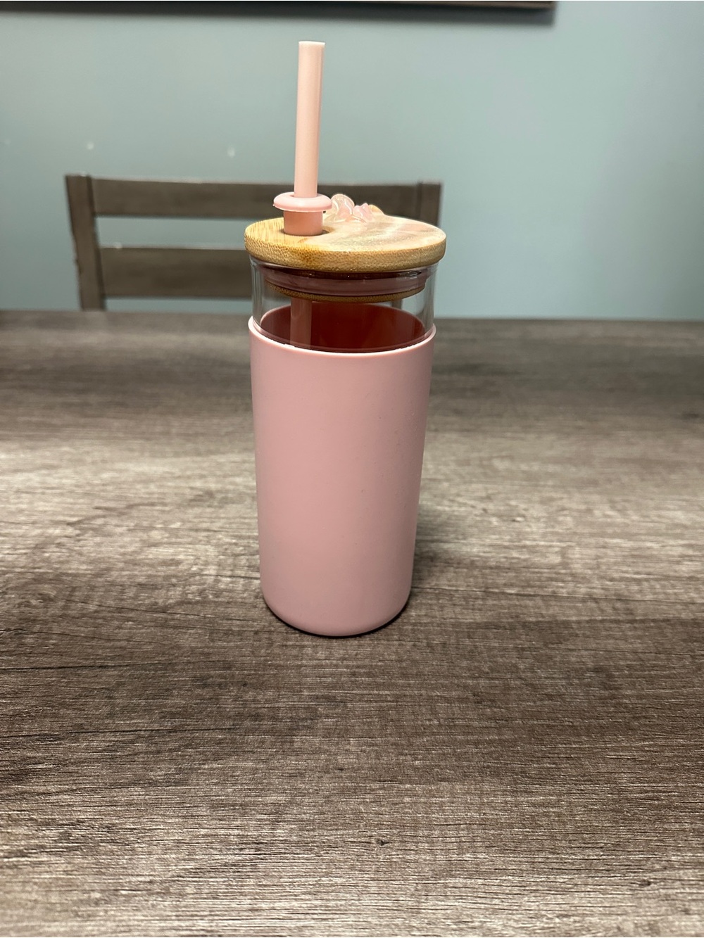 Pink Glass Tumbler with Straw and Bamboo Lid - Home Accents